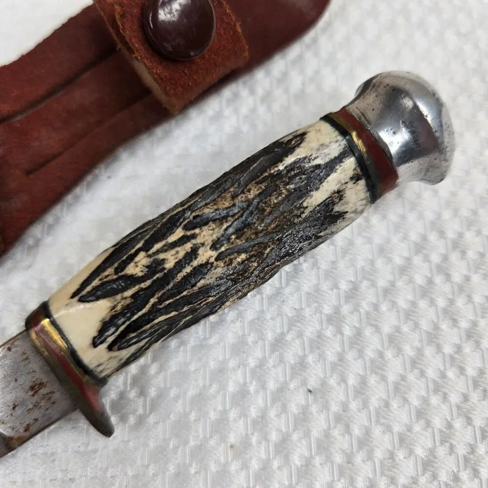 Vintage 60s Fixed Blade Dagger Knife Stag Handle Leather Sheath Japan EA Co